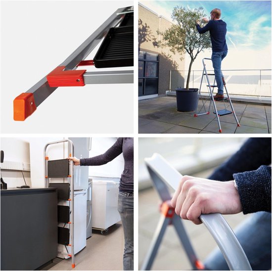 Toolland Stepix trapladder, 4 treden, inklapbaar, huishoudtrap met hoge beugel, antislipvoetjes en antislipprofiel op de twee treden, epoxycoating, metaal, draagvermogen tot 150 kg