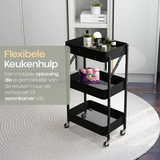 O'DADDY® Keukentrolley Inklapbaar - 3 Lagen - Serveerwagen Op Wieltjes - Keuken Trolley - Roltafel - Opbergtrolley - Opbergkar - Keukenrek - Zwart