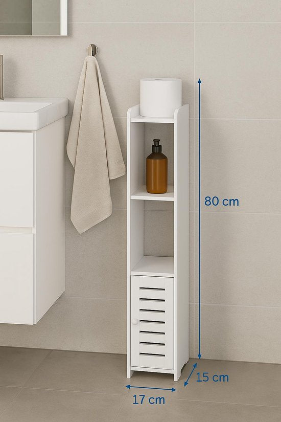 Badkamerkast – Smal Opbergkastje – MDF – 80 cm Hoog – Wit – Voor Toilet of Badkamer