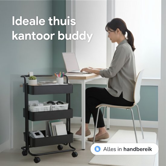 Keuken trolley op Wieltjes - 3 laags - Keukenrek - Serveerwagen - Kastje - Karretje - Opberg - Douche kastjes staand - Rekje - Zwart - Luft