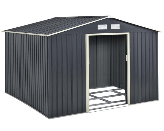 Juskys XXL Metalen Tuinhuis – 282 x 314 x 190 cm – Fundamentframe - Dubbele Schuifdeur – Voor Tuingereedschap En Fietsen – Antraciet Verzinkt Staal
