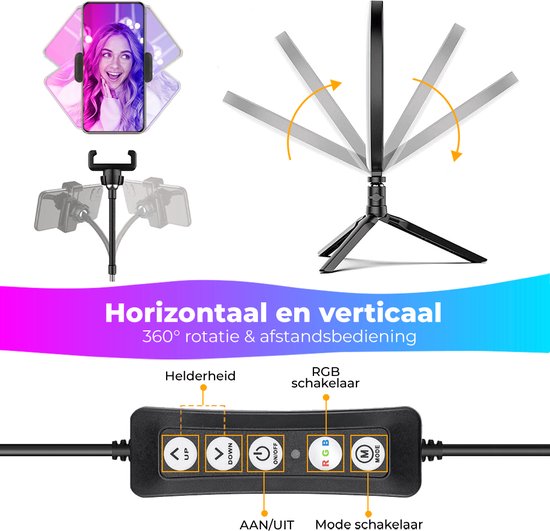 Studio ME Multi Kleuren Ringlamp met Statief - 10 inch/25 cm - RGB Lamp - Ringlight met statief - Bluetooth - Telefoonhouder - Afstandsbediening - USB - TikTok Lamp - Ring Light