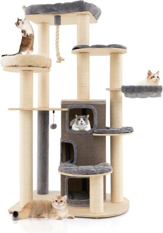 Coast Multi-level houten krabpaal - 3 niveaus - 95 x 68 x 173 cm - Grijs