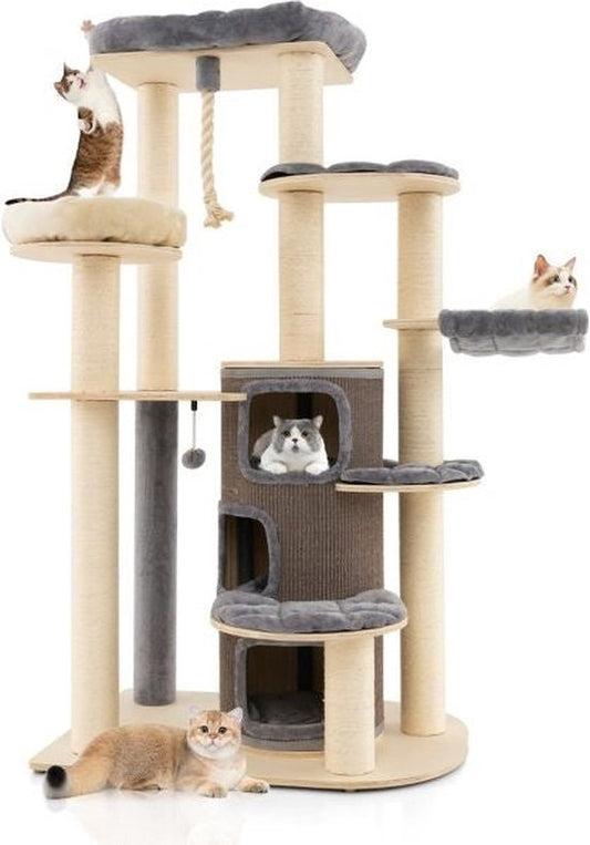Coast Multi-level houten krabpaal - 3 niveaus - 95 x 68 x 173 cm - Grijs