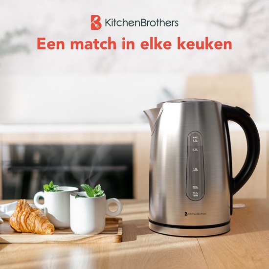KitchenBrothers Waterkoker - Elektrisch - 1,7L - 2200W - RVS Waterkoker - Zilver/RVS