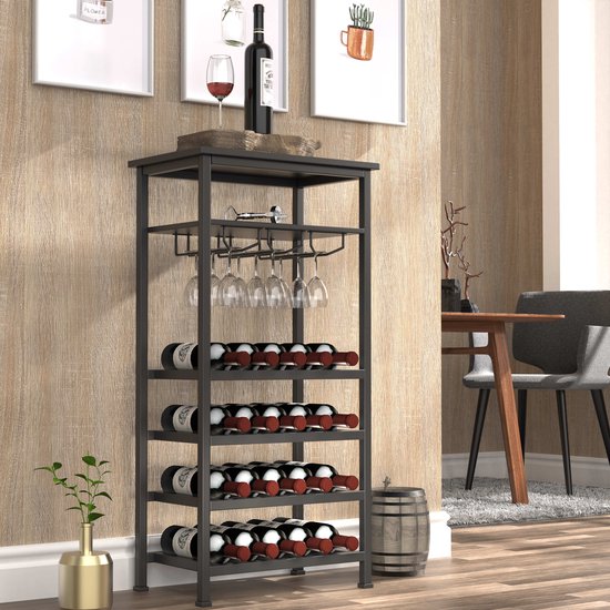 Wijnrek industrieel design wijnkast zwart - rek voor opbergen 20 flessen met glashouder - 50 x 32 x 100 cm