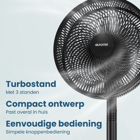 Auronic Statiefventilator - Staande Ventilator - Hoogte Verstelbaar - Roterend - Fluisterstil - 3 Snelheden - Stille Ventilator - Zwart
