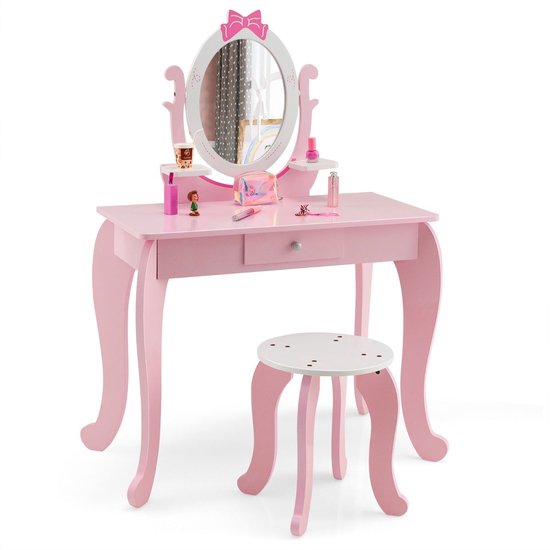 Coast 2-in-1 Kaptafel set - Hout - Met Kruk en Spiegel - 3-7 jaar - Roze