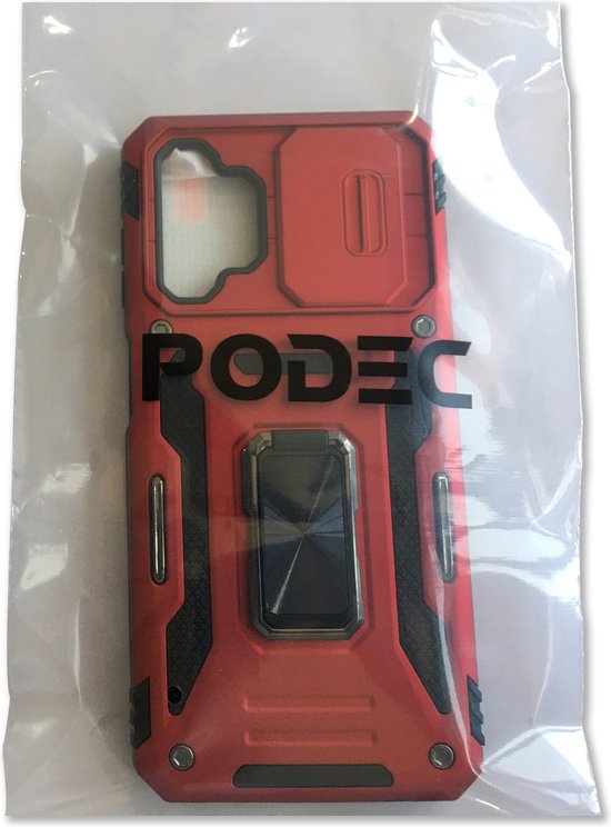 Podec Hoesje Geschikt voor Samsung Galaxy A13 5G Rood Telefoonhoesje - Anti-Shock Case Cover Hybrid Armor Hoes met Kickstand Ring met Screenprotector