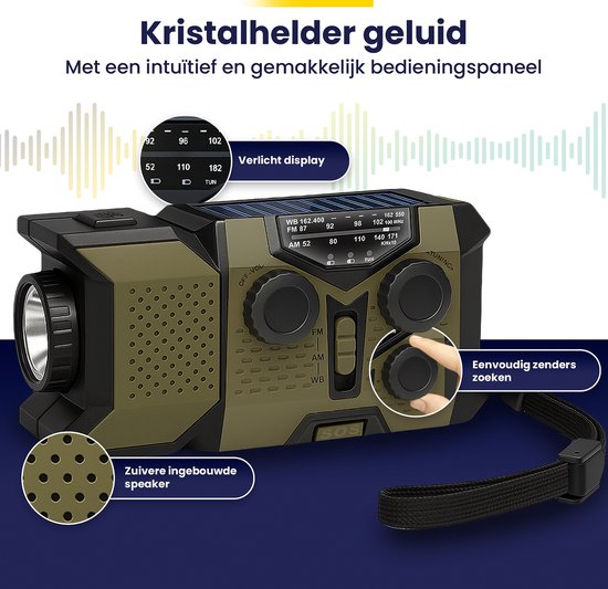 ODESSEY Noodradio Solar Opwindbaar - 2000 mAh Powerbank - Zaklamp - Draagbare Radio - Noodpakket