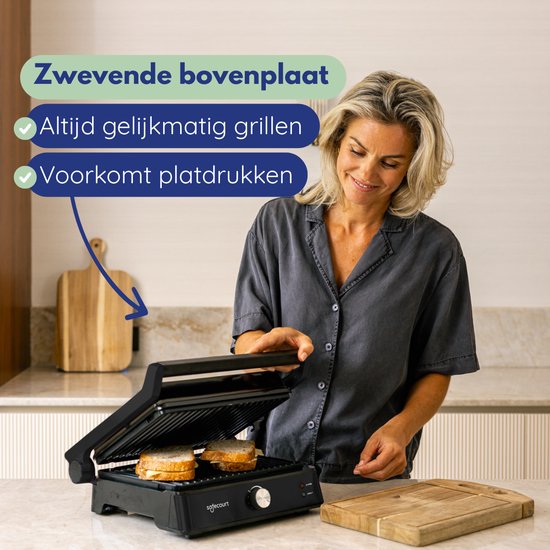 Safecourt Kitchen Tosti apparaat – Paninigrill en Tosti ijzer – Uitneembare PFAS-vrije platen & vaatwasserbestendig – Groot grilloppervlak – Snel warm – Contactgrill - Zwart