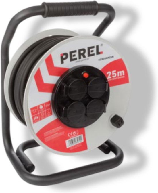 Perel Professionele kabelhaspel, gebruik binnen- en buitenshuis, spatwaterdicht (IP44), 4 stopcontacten met penaarde, anti-twist-systeem, thermische beveiliging, kabellengte 25 m, 3G2.5, grijs/zwart
