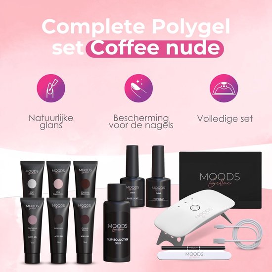 Moods Gellac - Luxe Polygel Set - Polygel Nagels Starterspakket - Inclusief UV LED lamp - 6 Kleuren - Coffee Nude