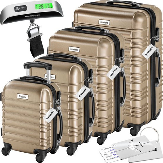 tectake® - 4-delige kofferset met harde schaal - Reiskofferset met wielen - ABS - Telescopisch handvat en slot - Inclusief bagageweger - Trolleymaten S-M-L-XL - Champagne