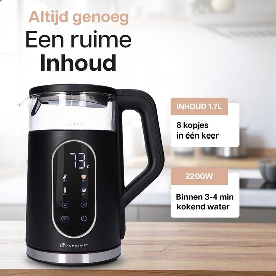 HomeShift® Waterkoker met Temperatuurregeling - Warmhoudfunctie - Dubbelwandig - Elektrisch - 1,7 Liter - 2200W - Zwart