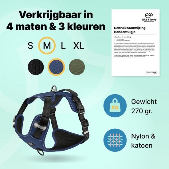 Jake and Jacky Hondentuigje - Anti-Trek Tuig - Hondenharnas - Y Tuig Hond - Reflecterend - Blauw - Maat M