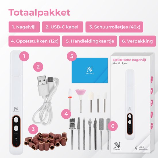 Nuvance Elektrische Nagelvijl - 15000 RPM - Nagelfrees - 12 Bitjes - 40 Schuurrolletjes - Manicure & Pedicure Set