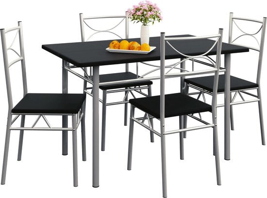 Casaria Eettafel Set 5 delige -Eettafel + 4 stoelen - Zwart