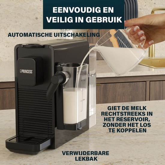 Princess Capsule Koffiemachine met Melkopschuimer - 249455 – Geschikt voor Nespresso – 20 Bar – Espresso, Cappuccino & Latte – Compact – Automatisch Melksysteem - 1400 W