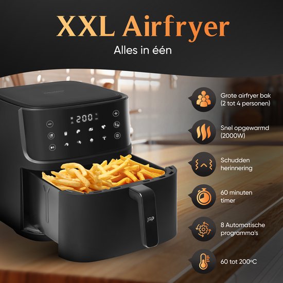 JAP Appliances Ascension - Airfryer XL - Heteluchtfriteuse XXL - 2000W - 7,6L Inhoud - 60ºC tot 200ºC - Zwart