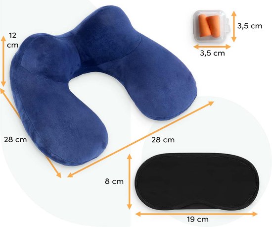 Opblaasbaar Nekkussen set 3 in 1 met Opbergtasje - Vliegtuig Kussen - Reiskussentje - Fluweel - U-Vorm – Inclusief slaapmasker en oordoppen – Blauw