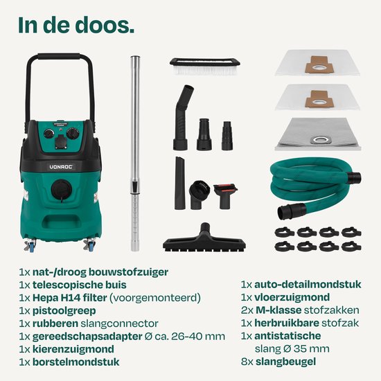 VONROC bouwstofzuiger nat/droog - M-klasse - 1600W - 22kPa - Automatische filterreiniging (klopfunctie) - HEPA H14 - 40L tank – Antistatische slang Ø35 mm