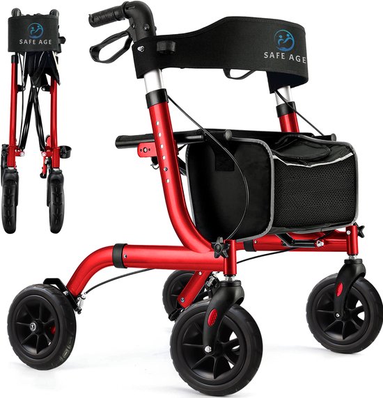 Safe Life® Rollator lichtgewicht en opvouwbaar - zitfunctie - voor binnen en buiten - Rugleuning en wandelstok houder - Rood