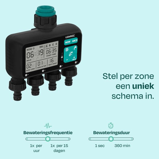VONROC 4-weg watertimer – Besproeiingscomputer voor 4 zones – Instelbare bewateringstijd en -frequentie per zone