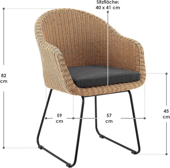 Juskys – Cody Rotan Tuinstoelen Set van 2 – 59 x 57 x 82 cm – Voorzien Van Comfortabele Zitkussens En Stalen Frame – Voor Terras En Eetkamer – Naturel Rotan En Staal