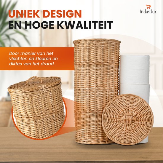 Industor® Toiletrolhouder Staand van handgevlochten Riet - Wc rolhouder voor 3 Rollen met Deksel - Toiletrolhouders, Badkamer Accessoires en Decoratie