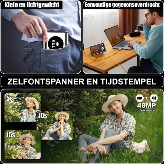 K&L Digitale Camera 4K - Fototoestel - Fotocamera - Compact Camera - Vlog Camera - Voor Kinderen - Inclusief 64GB - NL Software
