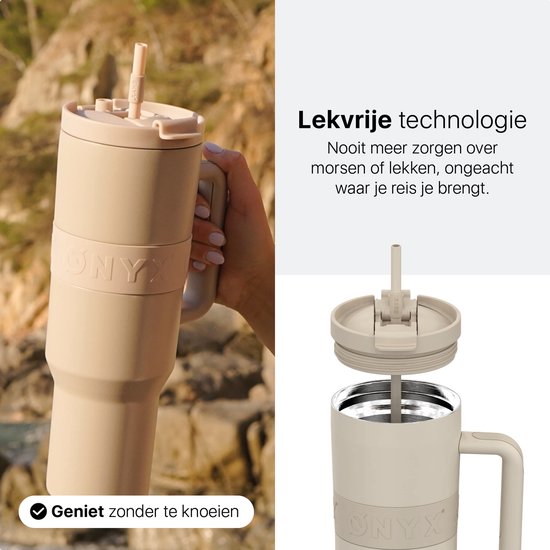 ONYX Drinkfles met Rietje 1 Liter - Waterfles voor Kinderen & Volwassenen - Thermosbeker RVS Travel Mug - Motiverende Drinkbus - Drinkbeker voor School - Sand Beige