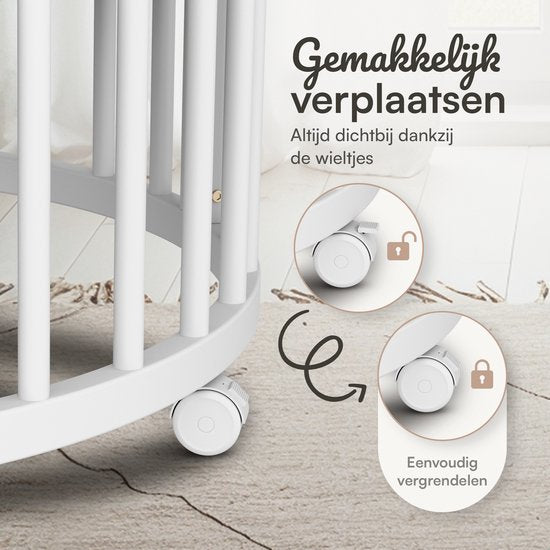 Flowsense Baby Box – Ronde Speelbox Box – Met Matras – Verstelbare Hoogtes – Wielen - Wit