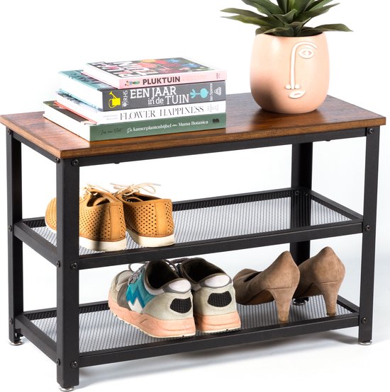Gadgy Schoenenrek met bankje - 6 tot 9 Paar Schoenen - Schoenenkast bankje - Schoenenbank Industrieel - Handig schoenen opbergen - Bijzettafel Metaal met Hout