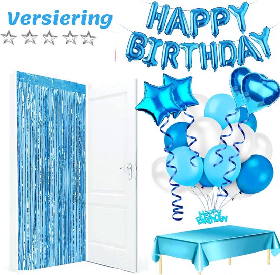 Feestio Ballonnen Verjaardag Versiering met Tafelkleed en Slingers - Helium - Blauw