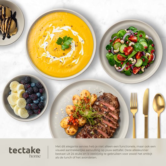 tectake® Serviesset Una - 24-delig - Aardewerk - 6 Persoons - Stijlvol en Duurzaam Servies - Bordenset met Grote en Kleine Borden, Kommen, Schaaltjes - Taupe