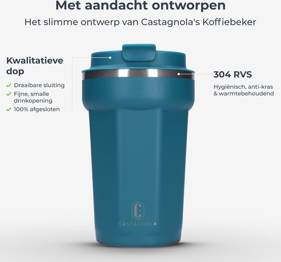 Castagnola Thermosbeker - Koffiebeker To Go - Travel Mug voor Koffie en Thee - Theebeker - 380 ML - RVS - Blauw - Octagon