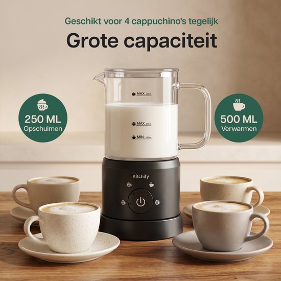 Kitchify Glazen Melkopschuimer - Elektrische melkopschuimer - Met schenktuit - 4 in 1 - Milk Frother - Zwart