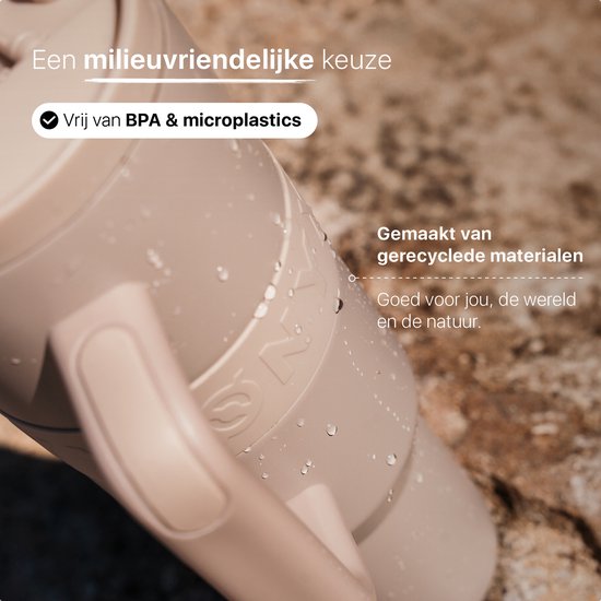 ONYX Drinkfles met Rietje 1 Liter - Waterfles voor Kinderen & Volwassenen - Thermosbeker RVS Travel Mug - Motiverende Drinkbus - Drinkbeker voor School - Sand Beige