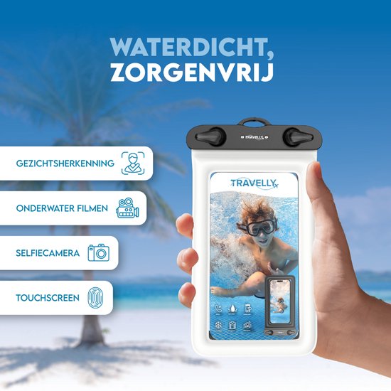 Travelly® Waterdicht Telefoonhoesje Set van 2 – Universeel Onderwater Hoesje voor Smartphone – Geschikt voor alle telefoons – Drybag – Voor Vakantie, Zwemmen & Watersport – Transparant/Wit