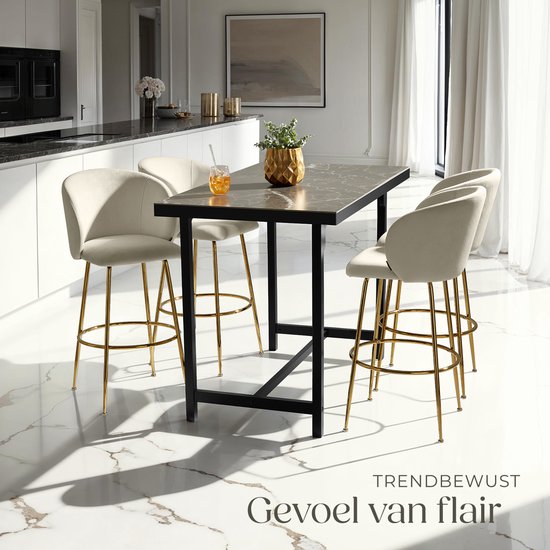 Tectake® - Set van 2 Barkrukken Luana - Gestoffeerde Barkruk met rugleuning - Barstoelen met voetensteun - Eetkamerstoel met fluwelen bekleding - Stevige stalen poten met antislip vloerbescherming - Crème/goud