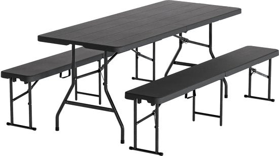 LifeGoods Inklapbare Picknickset – Voorzien Van Zwarte Houtnerf Look En Kofferontwerp En 2 Banken – Voor Tuin En Camping – Zwart HDPE En Staal – 180 x 74 cm