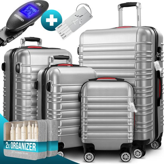 Monzana 4-delige Hardcase Kofferset - Handbagage M L XL Trolleys - Zilver