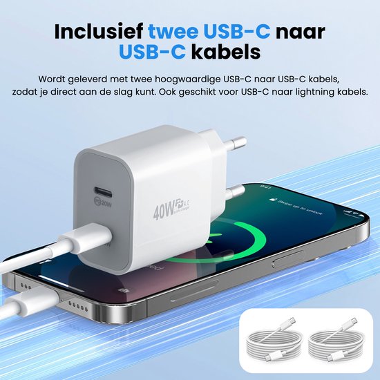 USB C Oplader - 40W - met 2x USB C naar USB C kabel - Snellader - 2 Oplaadpoorten - Wit - van Faas