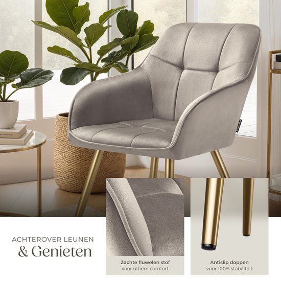 tectake® Fluwelen Stoel – Eetkamerstoel Met Gewatteerde Fluwelen Stof, Moderne Keukenstoelen, Comfortabele Fauteuil Voor Woonkamer, Eetkamer, Lounge – taupe / goud