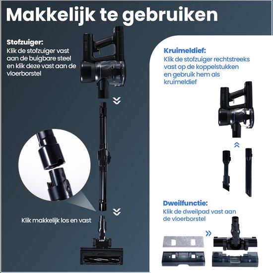 Steelstofzuiger G100M - 350W - Steelstofzuiger met Dweilfunctie - Steelstofzuiger Draadloos - 9-delige set met Buigbare Steel - 35kPa - Kruimeldief - Zwart - Saaf