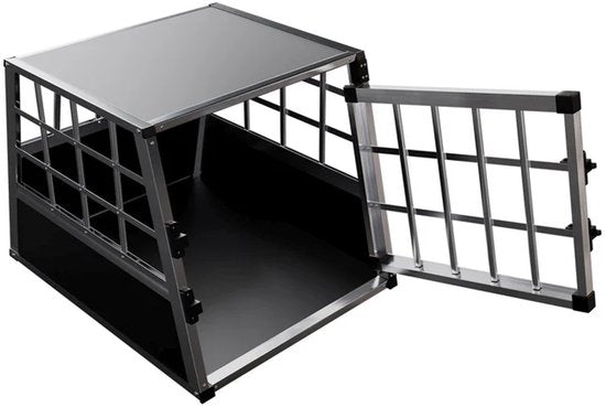 Juskys – Hondentransportbox M – 54 x 69 x 51 cm – Voorzien Van Afsluitbare Deur En Goede Ventilatie – Voor Auto En Reis – Zwart Aluminium En MDF