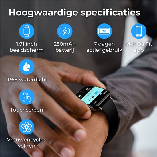 Nuvance - Smartwatch Heren & Dames met Bluetooth - IP68 Waterdicht - Geschikt voor alle Smartphones - Stappenteller en Hartslagmeter - Zwart