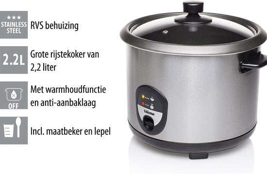 Tristar Rijstkoker 2.2L - RK-6129 - 10-12 personen - Droogkookbeveiliging, warmhoudfunctie - RVS