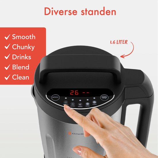 KitchenBrothers Soepmaker - 1.6L - 5 Programma's - Timer Display - Blender - RVS/Zwart